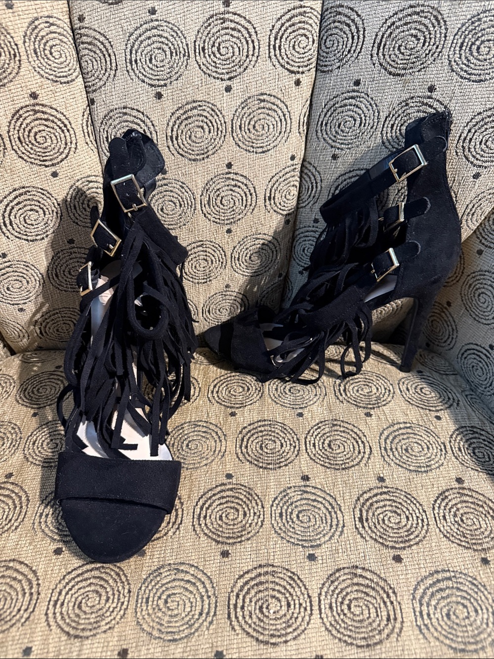 Wild Diva Black Fringe Stiletto Sandals